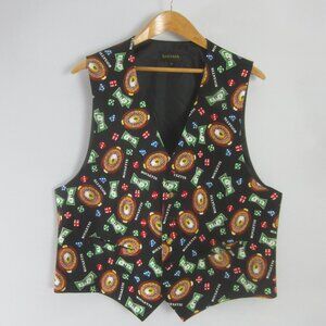 Vtg Santana Mens Large Black Multicolor Casino Tuxedo Button Vest Roulette L